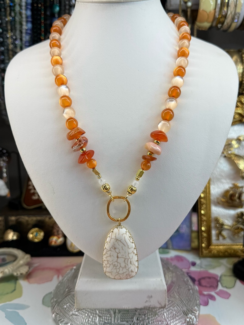Artisan Vintage Lucite Moonglow Beads with Carnellian Stone w/Agate Pendant